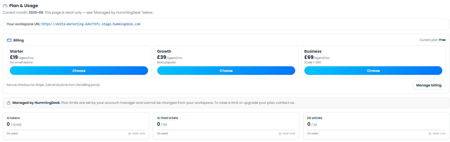 The plan and usage screen showing seat-based plans and per-workspace usage limits